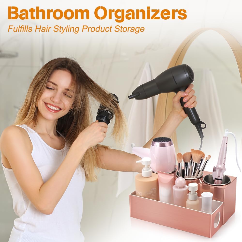 GFWARE Hot Hair Styling Tool Organizer with 3 Stainless Steel Cups, Pink | Bathroom Vanity Organizer Storage, Hair
