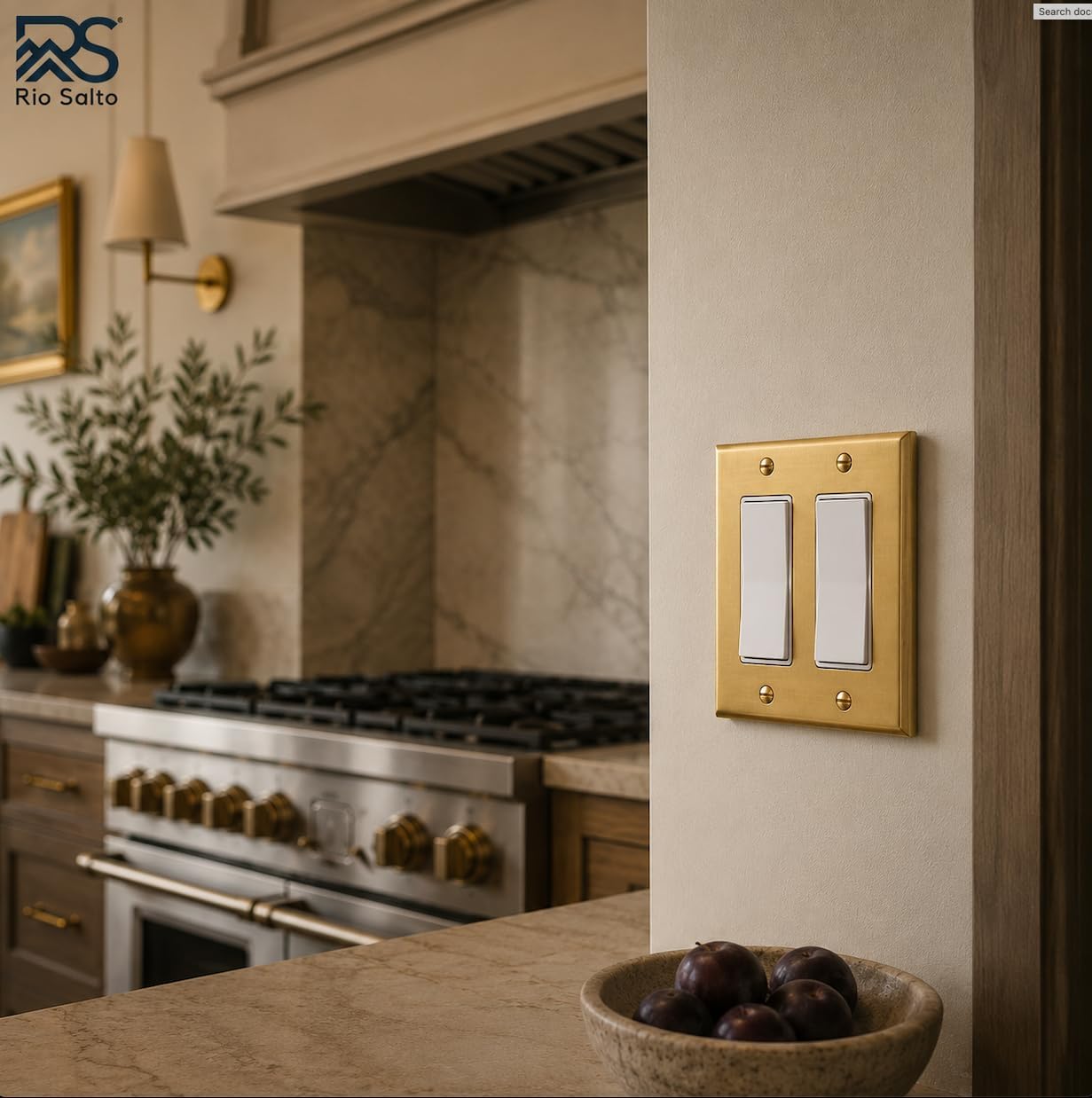 Rio Salto BRASS Decorative Brushed Brass Gold 2 Light Switch Cover Double Rocker Switch Plate 2 Pack Premium Wall Plate