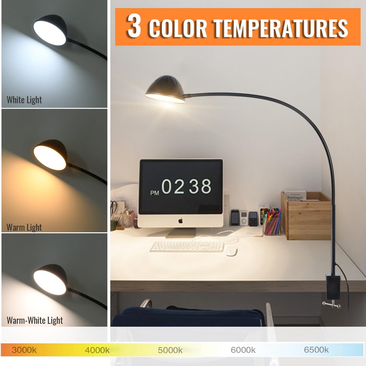 Long Gooseneck Clamp Lamp, Clip Desk Lamp with Clamp, 10W, 1100 LMS, 3 Color Modes, 10 Brightness Levels, 31 Inches