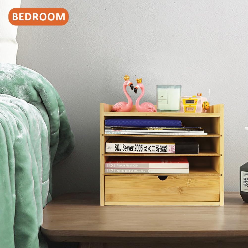 KKTONER 5-Tier Bamboo Desk Organizer with Drawer Tabletop File Organizer Document Holder with Shelf Desktop Cabinet for