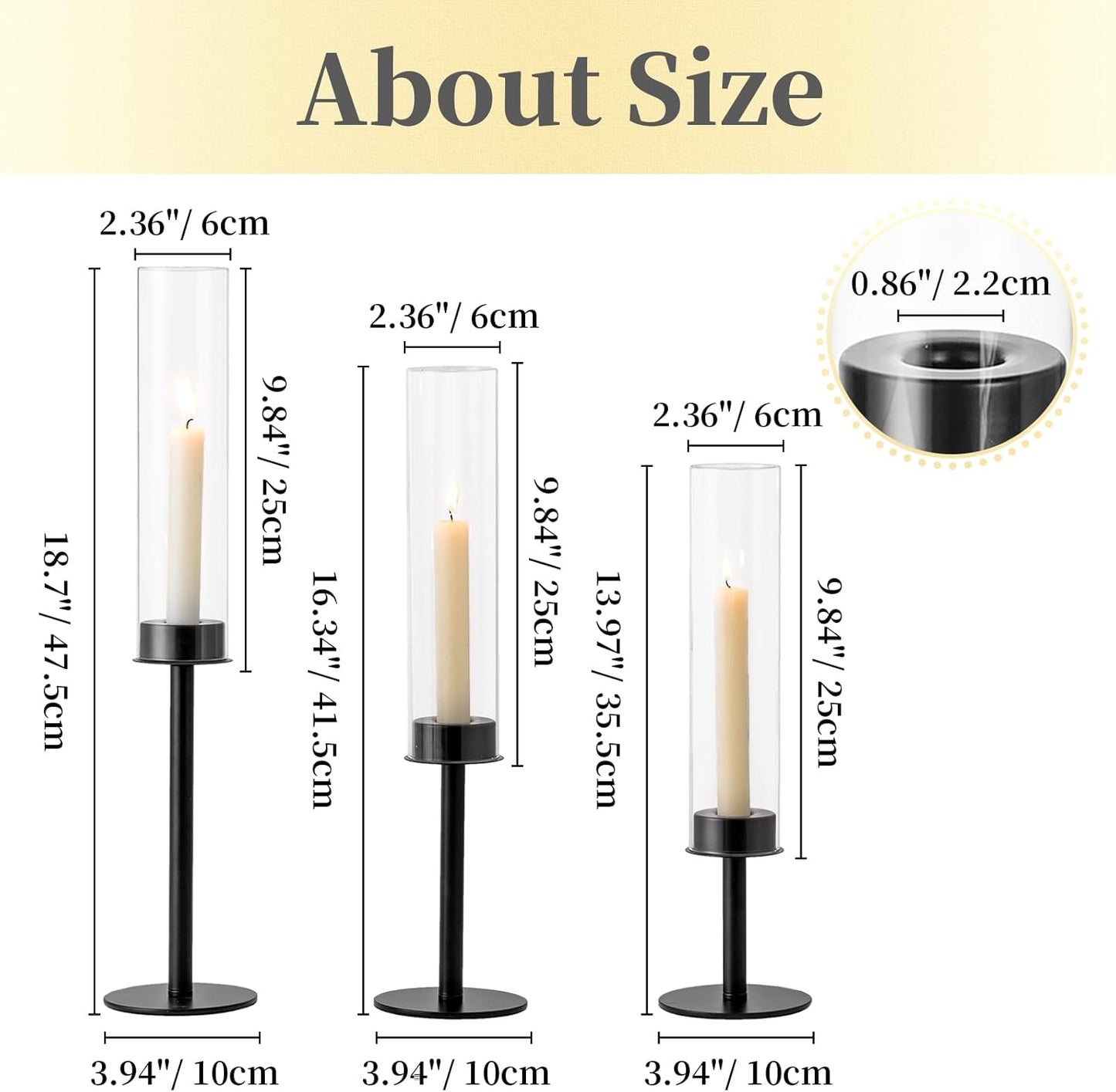 Hewory Black Candlestick Holders: 6PCS Glass Hurricane with Metal Base | Elegant Tall Taper Candle Holders at 3