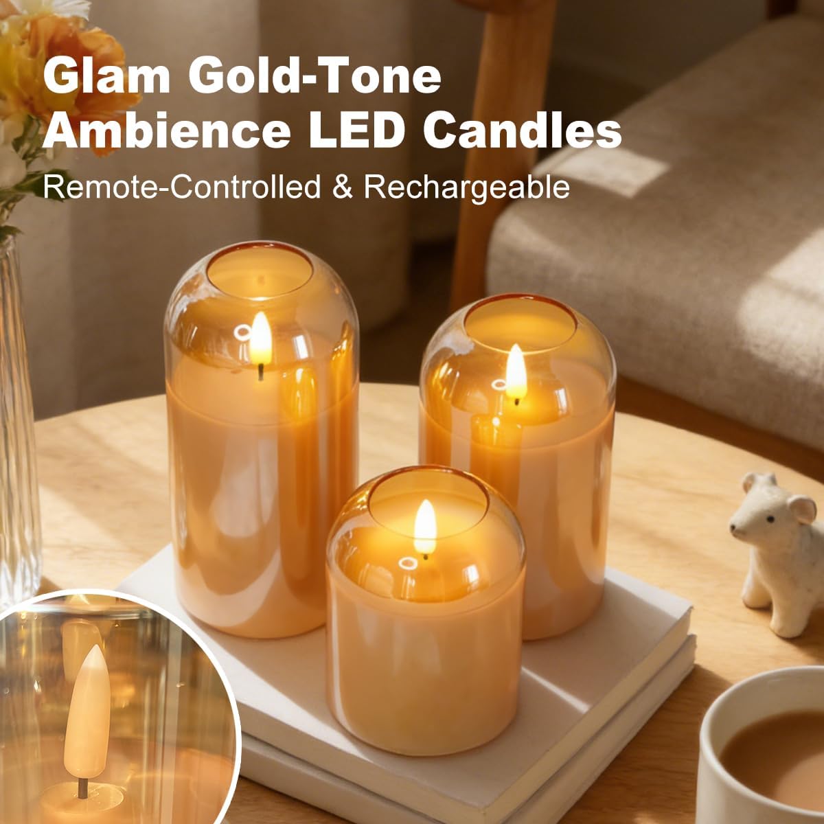 Rechargeable Glass Jar Flameless Candles, Realistic Flickering LED Pillar Real Wax Candle with Remote and Timer,LED