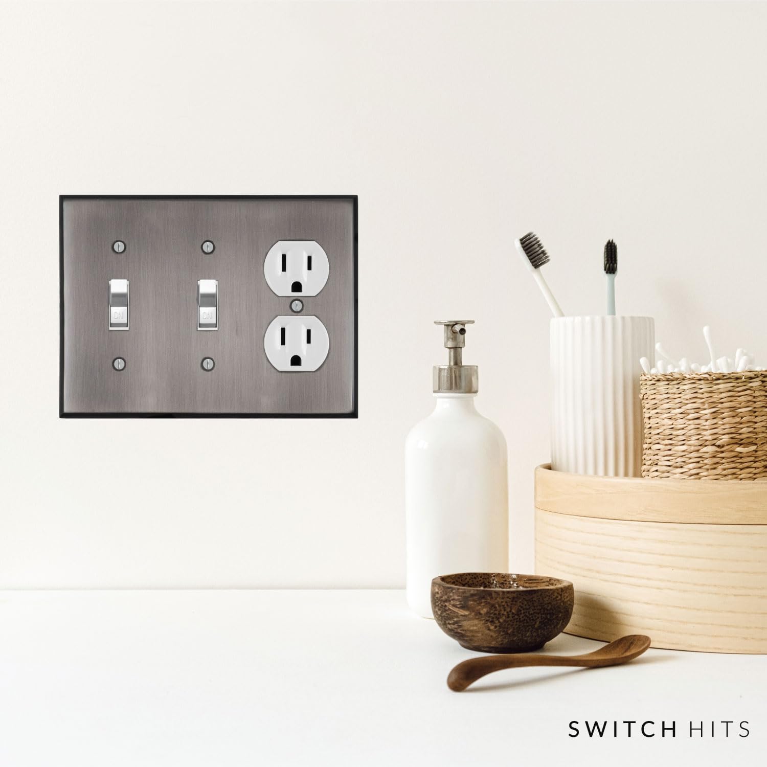 Antique Pewter Outlet Wall Plate | 2 Toggle - 1 Duplex | 6.25" x 4.5" | Hand-Polished Brass Construction | Electrical