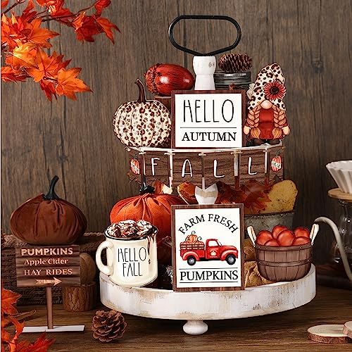 FairySandy 13 Pcs Fall Tiered Tray Decor Set Pumpkin Gnome Hello Autumn