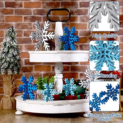 Bucherry 12 Pcs Wooden Snowflakes Table Decor,Silver, Blue