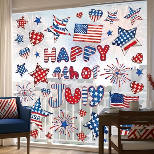 Whaline 9 Sheets Happy 4th of July Window Cling Stickers Patriotic Star American Flag Window Decals Independence Day Reusable Glass Decoration for Party Home Office Classroom