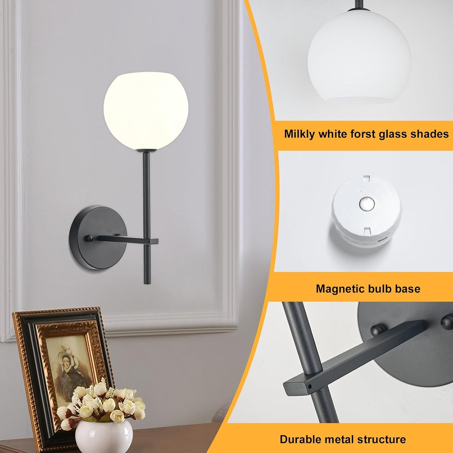 Black Battery Operated Wall Sconces Set of 2, Rechargeable Wireless Wall Lights with Milky White Frosted Glass Shade