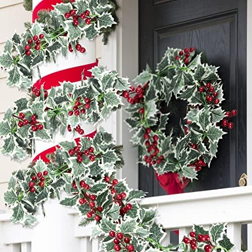 Whaline 2Pcs Christmas Artificial Garlands, 15.7Ft Xmas Berry Holly Leaves Garland Faux Greenery Garlands Winter Snowy Red Berries Hanging Vine for Wedding Party Home Decoration