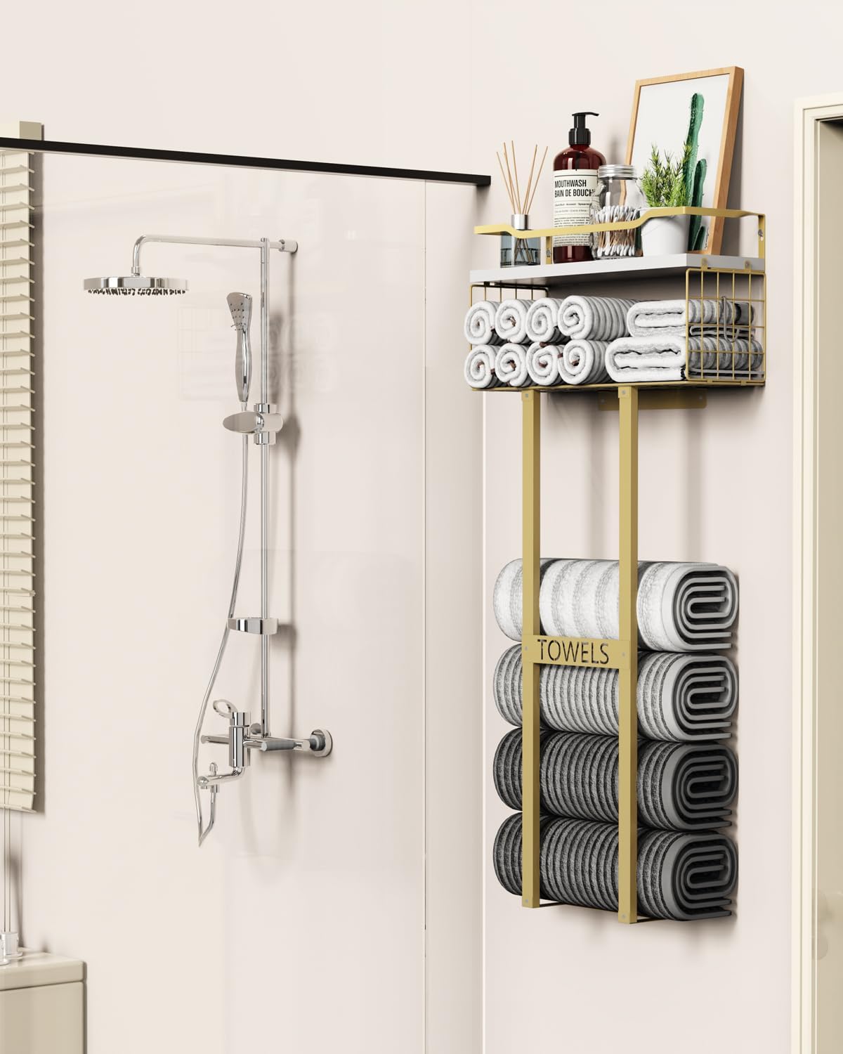 Aetyord Towel Racks for Bathroom - Wall Mounted Metal Rack with Wood Plank, Bathroom Storage Organizer, Towel Holder