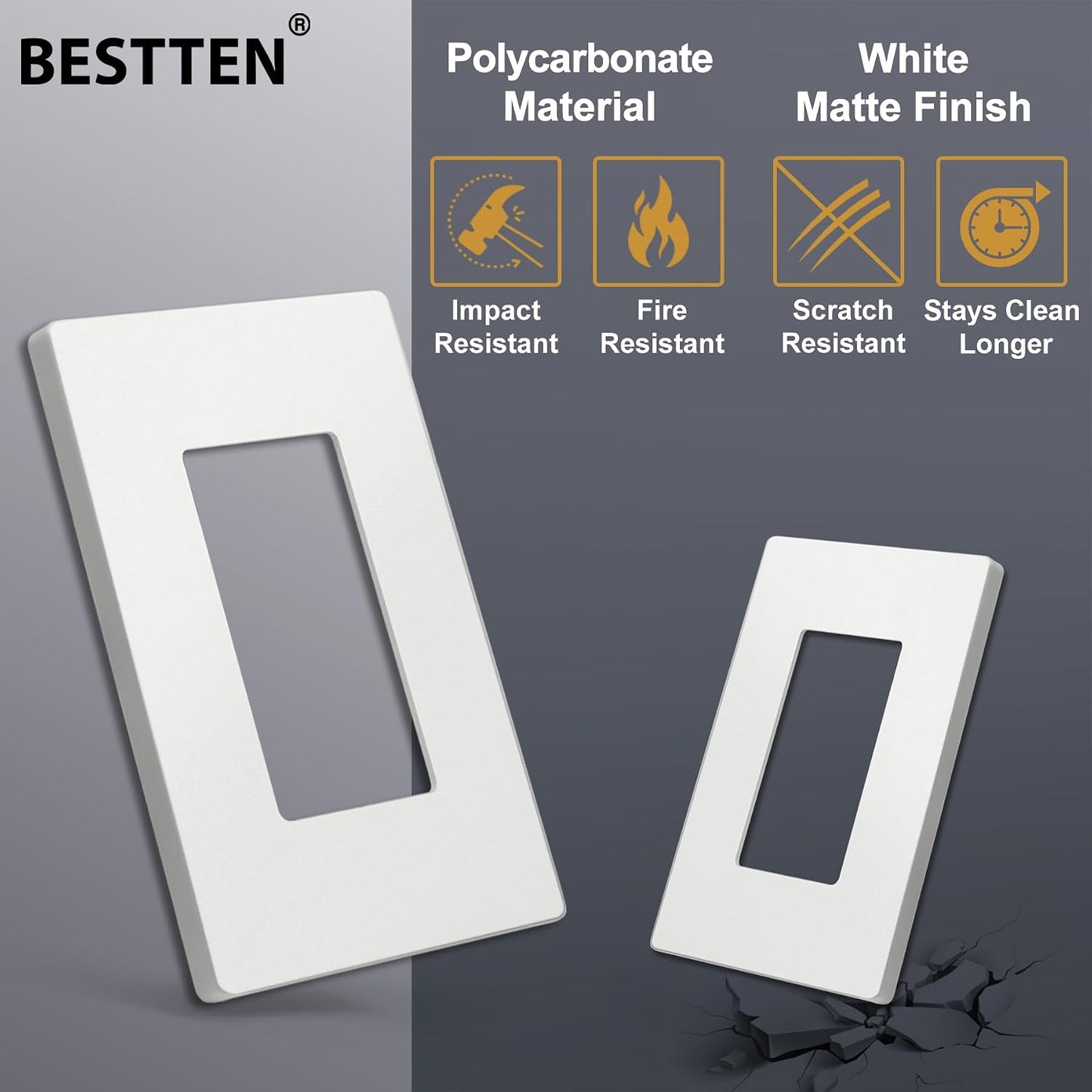 BESTTEN (50 Pack) USWP4 Matte White Screwless Switch Plate, 1-Gang Decorator Wall Outlet Cover, H4.69” x W2.91”, for