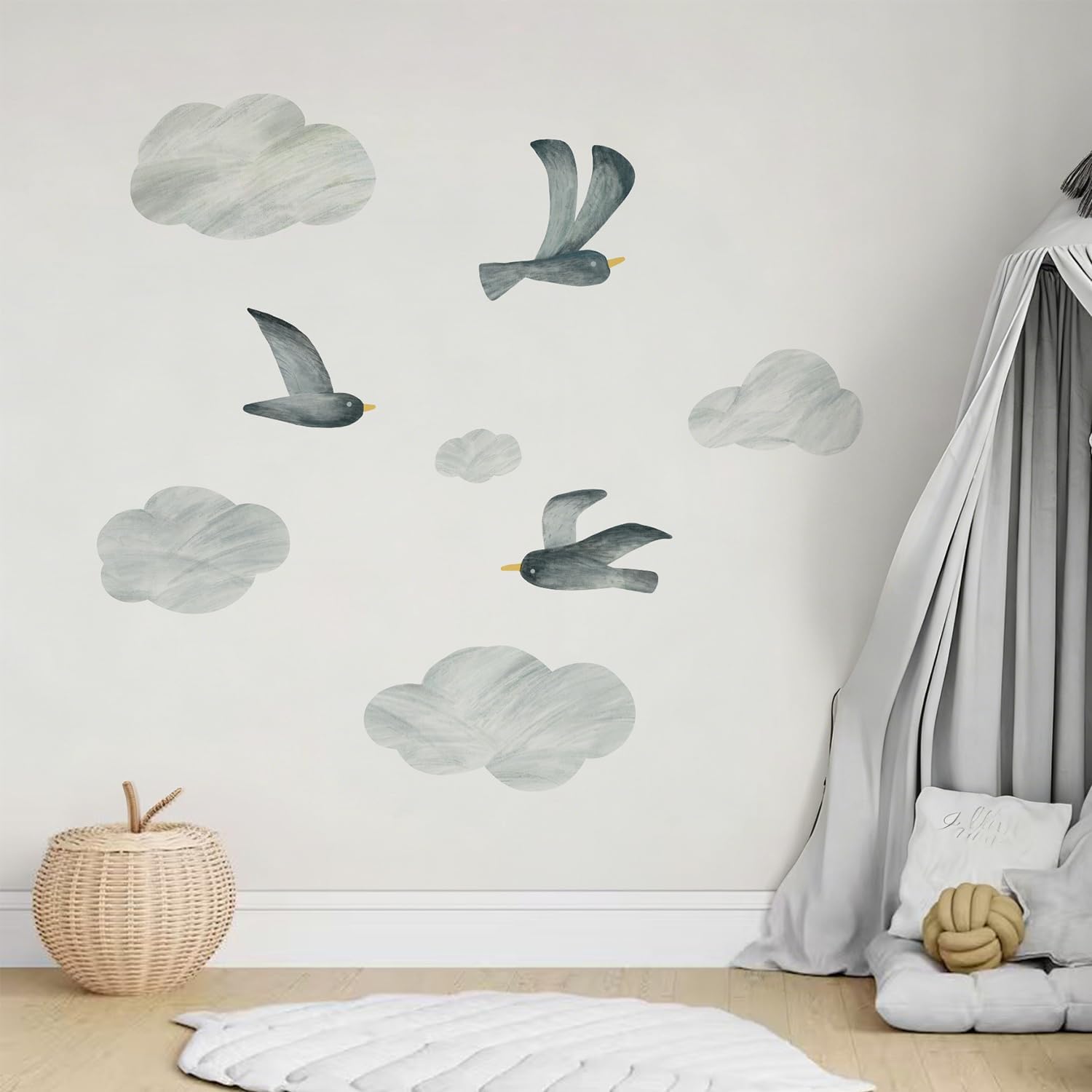 Seagull Wall Decals Self-Adhesive Fabric DIY Clouds Removable Wall Decals / Flying Birds / Set of 16