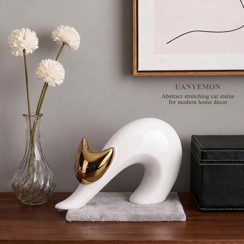 Abstract Stretching Cat Statue for Modern Home Decor / White