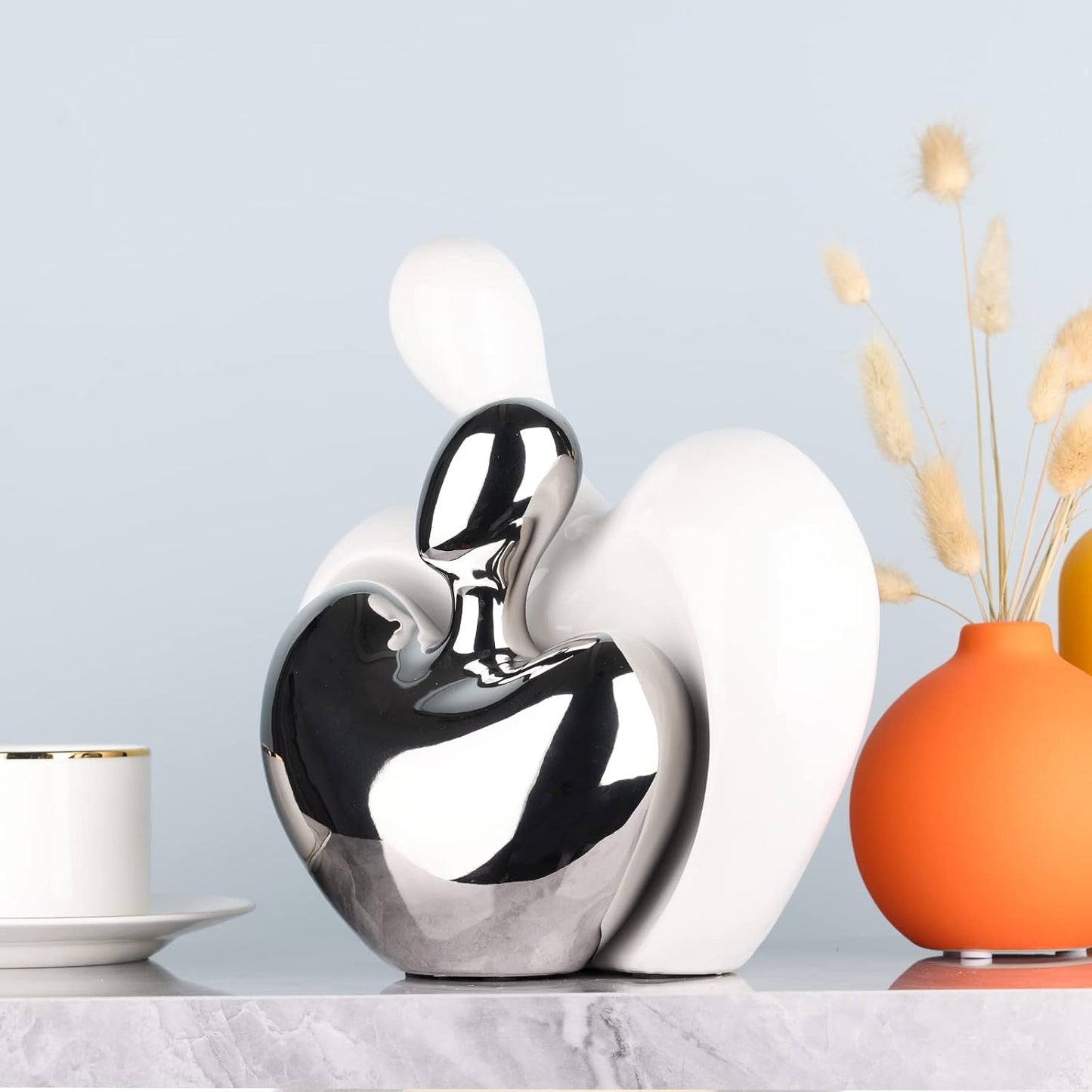 White and Silver Ceramic Couple Figurines Home Decor / White Silver