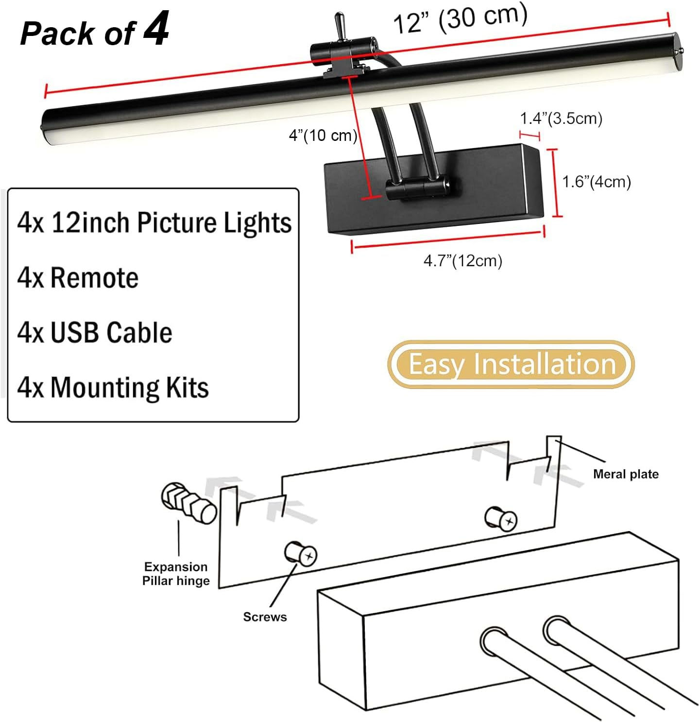 Yuichoy 4 Pack Picture Lights for Wall Battery Operated, 12 inch Wireless Art Lighting for Painting, 6 Colors Picture