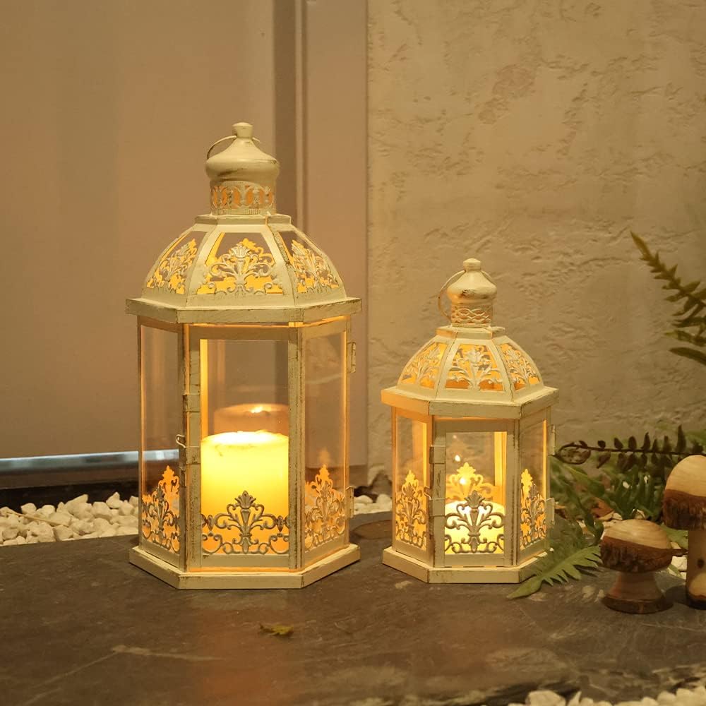 Lanterns Decorative Outdoor&Indoor, Set of 2 (15"&11") Beige Metal Lantern Decor with Glass, Candle Holder for Porch