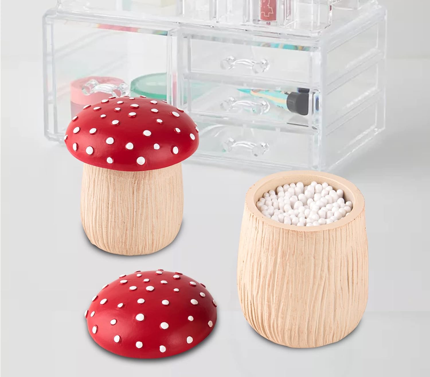 Qtip Holder Mushroom Cotton Ball Holder Cotton Swab Holder Qtip Dispenser Bathroom Cotton / Set of 2