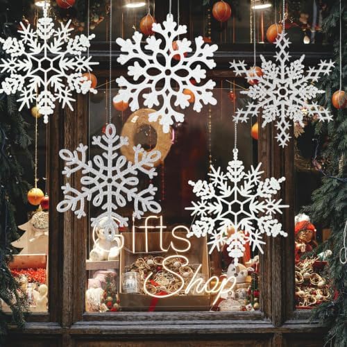 8pcs Large White Silver Snowflakes Ornaments Big Plastic Glitter Snowflake for Winter Indoor Outdoor Christmas Tree Window Room Decorations Giant Craft Snowflakes