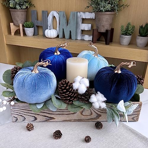 Winlyn 4 Pcs Assorted Blue Faux Velvet Pumpkins Decorative Harvest Pumpkins Fabric Foam Pumpkins for Farmhouse Fall Wedding Halloween Thanksgiving Table Centerpiece Mantel Bowl Decorations