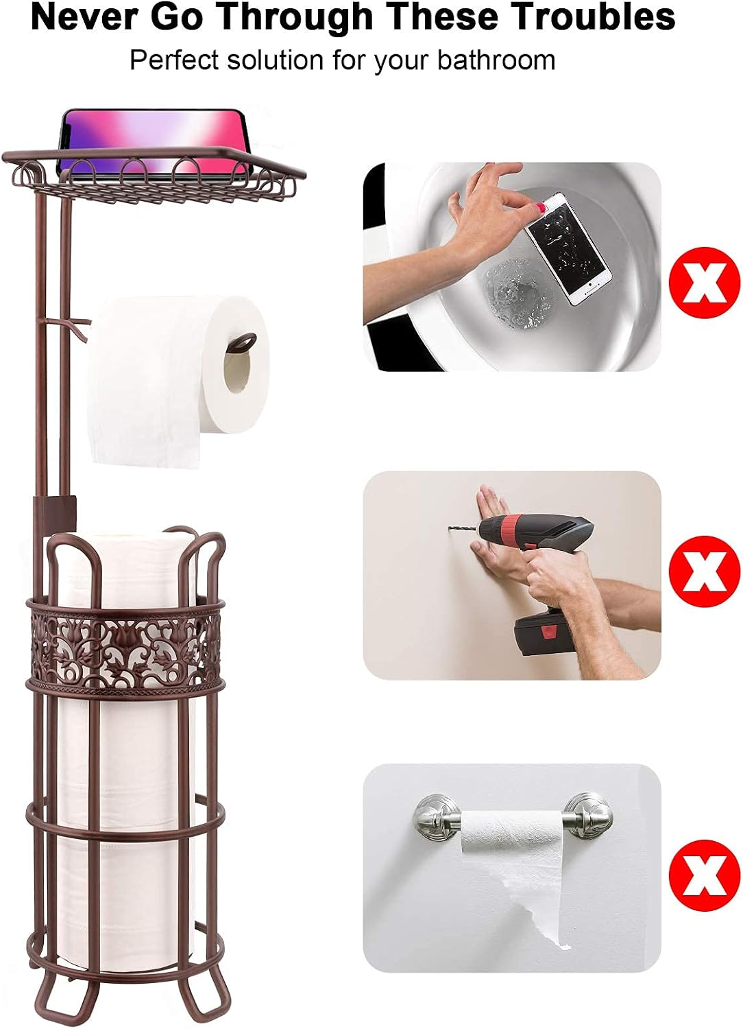 Upgraded Toilet Paper Holder Stand for Bathroom, Holds 3 Big Rolls of Jumbo Mega Paper, Top Shelf for Wipes Tissue