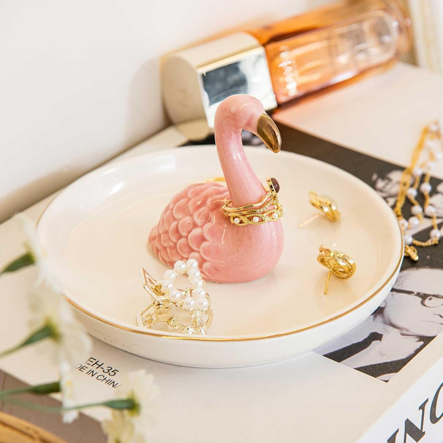 Ceramic Jewelry Tray Trinket Dish for Necklace Keychain Organizer / Flamingo