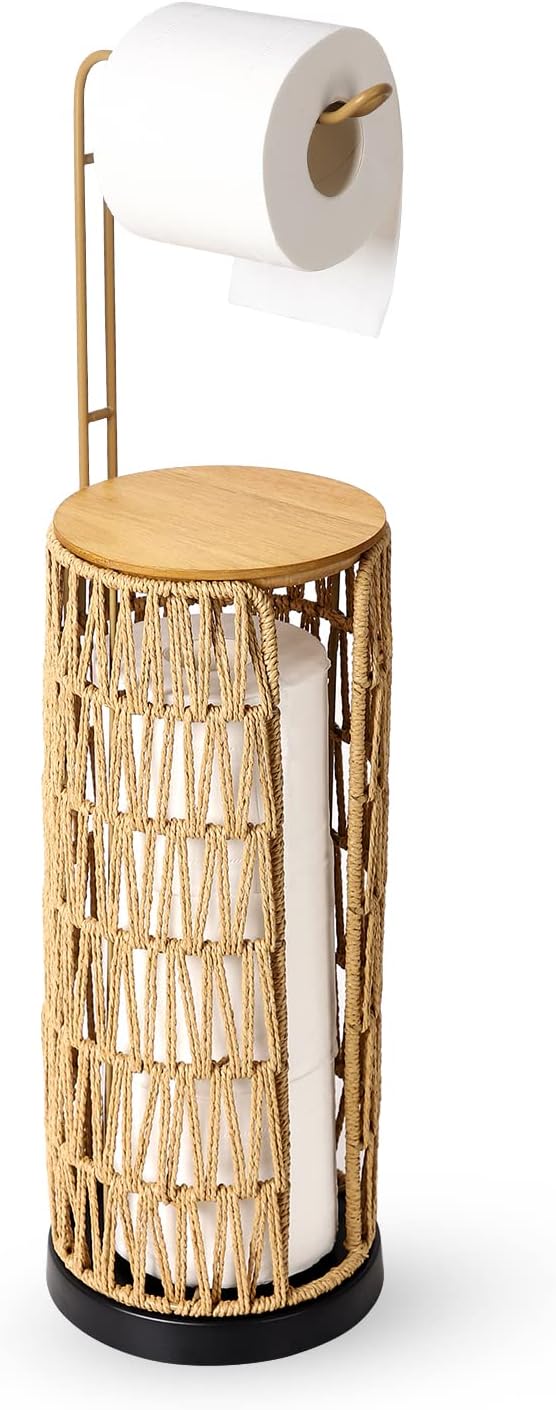 Freestanding Toilet Paper Holder with Storage,3 Rolls of Tissue Holder for Bathroom,Handmade Woven Toilet Paper Roll