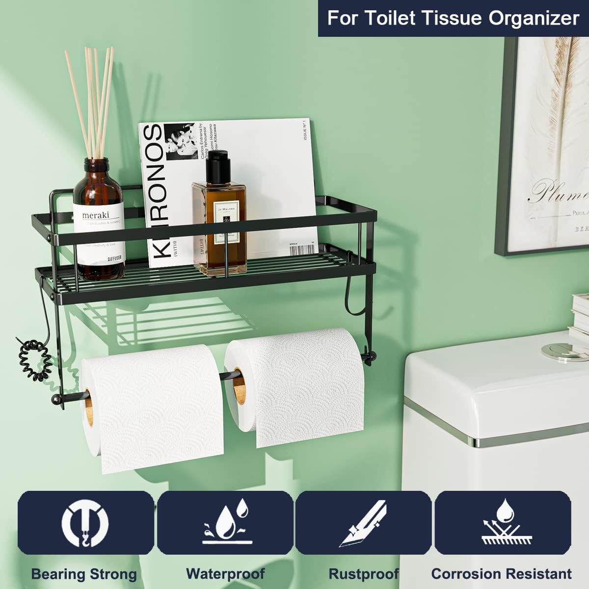 Paper Towel Holder Wall Mount with Shelf, Adhesive, Matte Black Metal | Stainless steel 2in1 holder shelf fits large