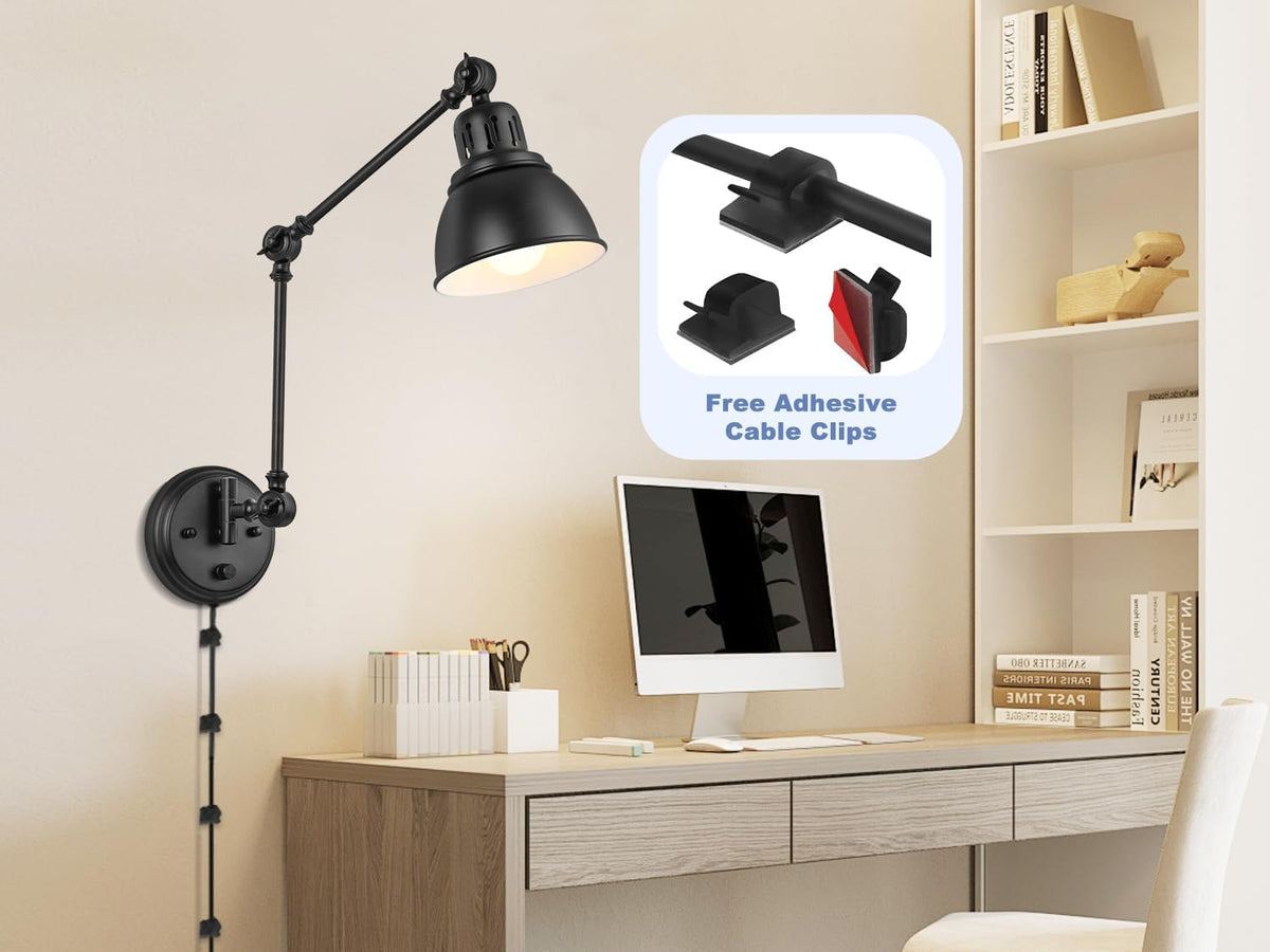 GOODATE 1 Pack Plug in Wall Sconce, Dimmable On Off Switch, Swing Arm Wall Lamp, Black Metal Industrial, Plug in Wall
