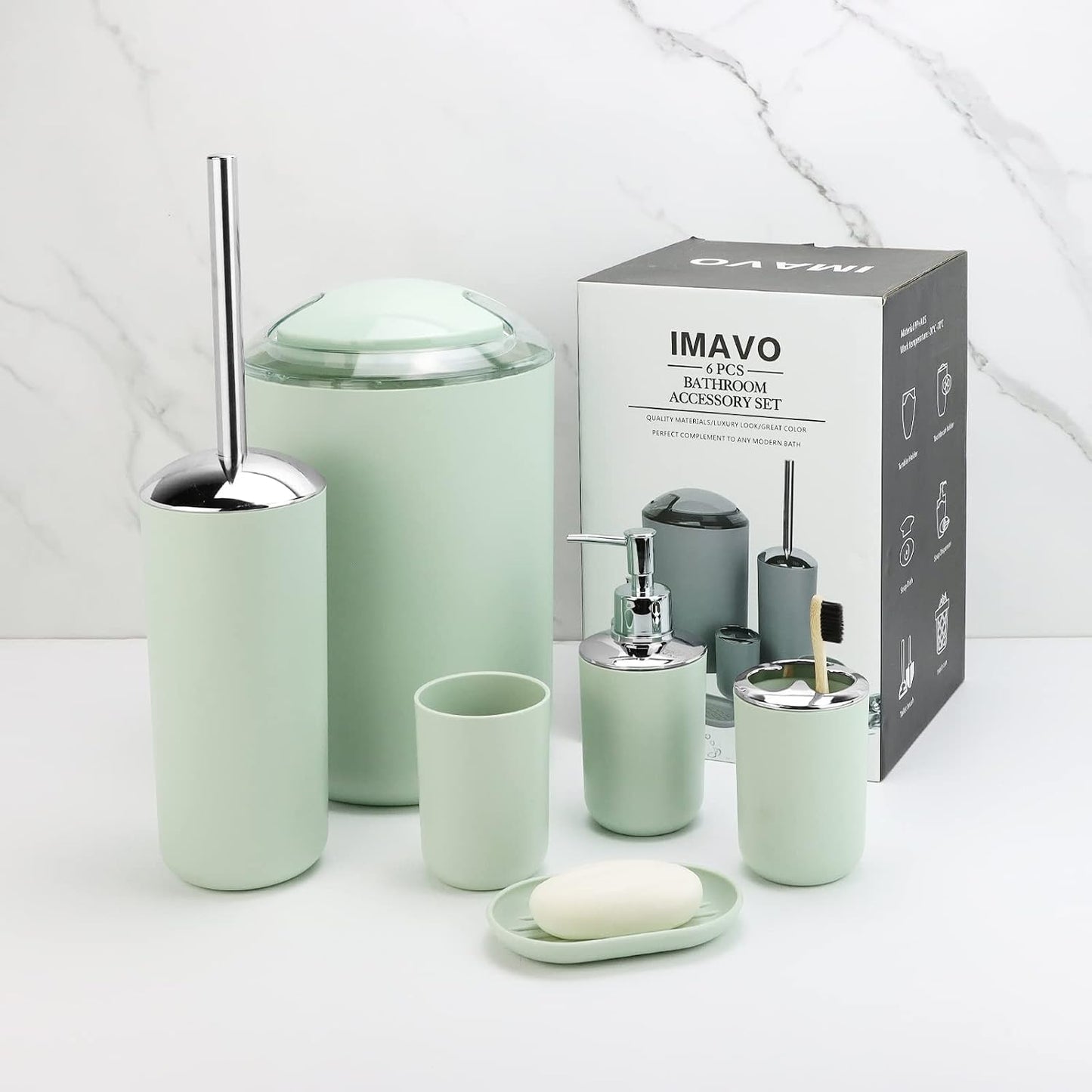 IMAVO Bathroom Accessories Set,Green Bathroom Set,7 Pieces Bathroom Accessory Set,Tray,Toilet Brush,Trash Can for