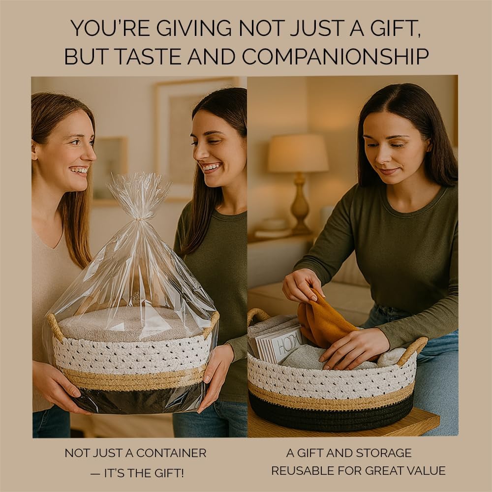 Woven Gift Basket / Brown&black with Brown Handle / 12 x 8 x 5 / Oval