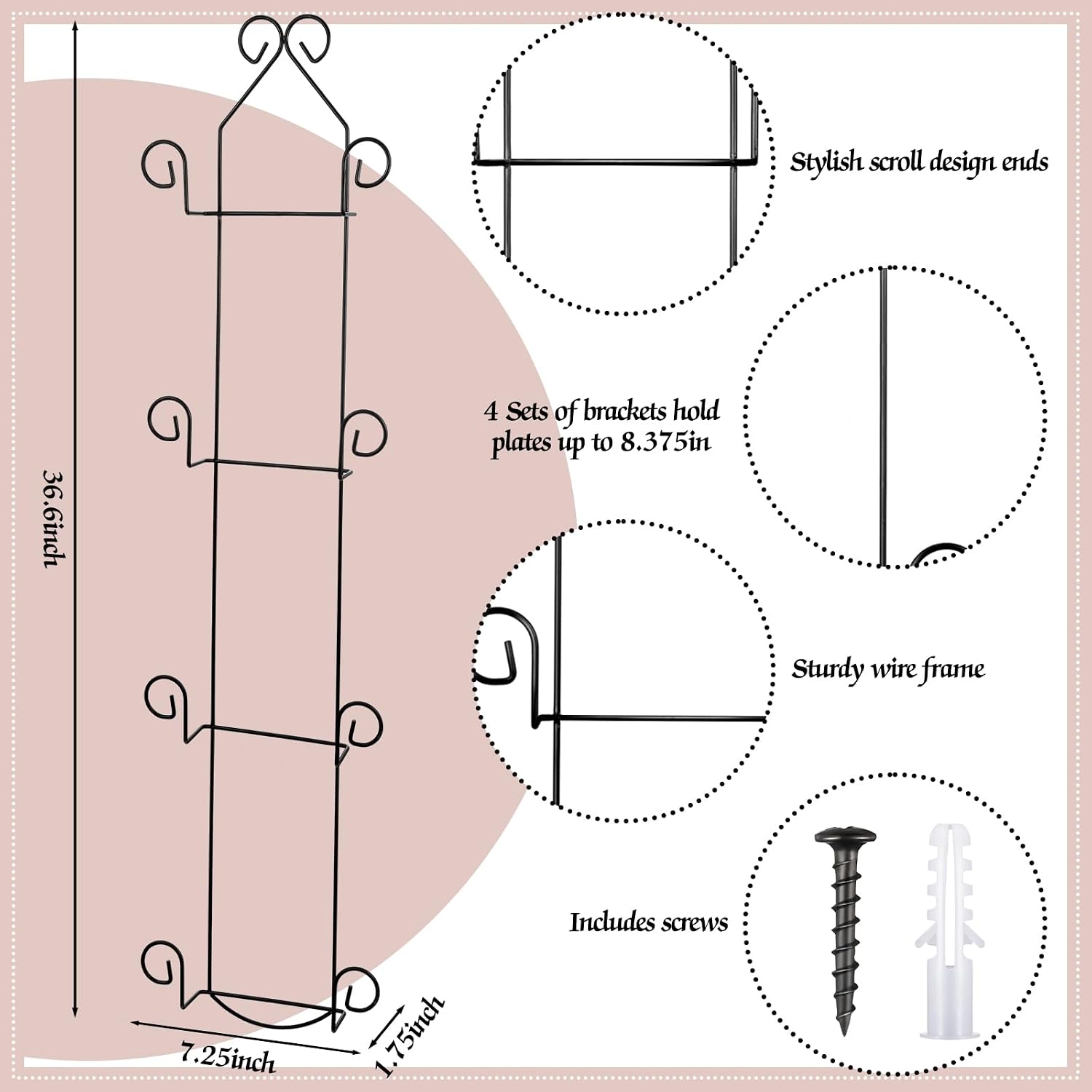 Set of 2 Plate Rack for Wall Vertical 4 Tier Metal Wall Plate Holder Display Hanger for Dishes Decorative Plates Arts