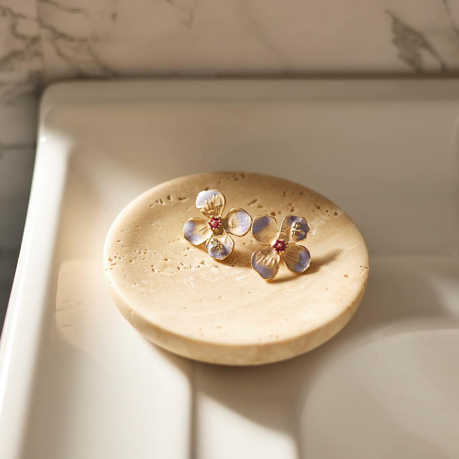 Sponge Holder / Marble Trinket Dish Tray / 4" R / Beige Travertine