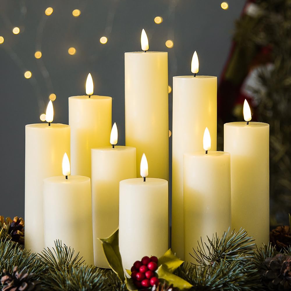 Ivory Tall Flameless LED Pillar Candles with Remote Set of 9 | 2 AA Battery Operated, Fireplace Candles Wedding Home