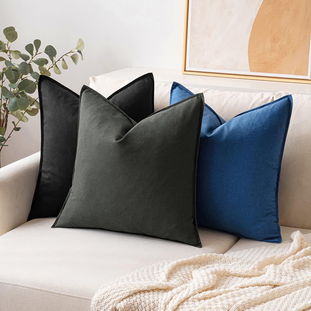 Decorative Linen Pillow Covers Boho Farmhouse Modern Soft Accent Throw / 18 x 18 / Black / Set of 2