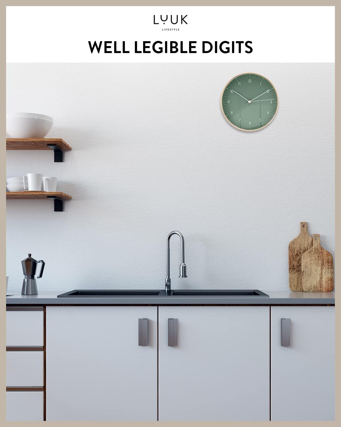 Modern Silent Quartz Wall Clock, 10in, Dark Green & Gold | Designed in Germany, Simple & Elegant, Non-ticking, Analog