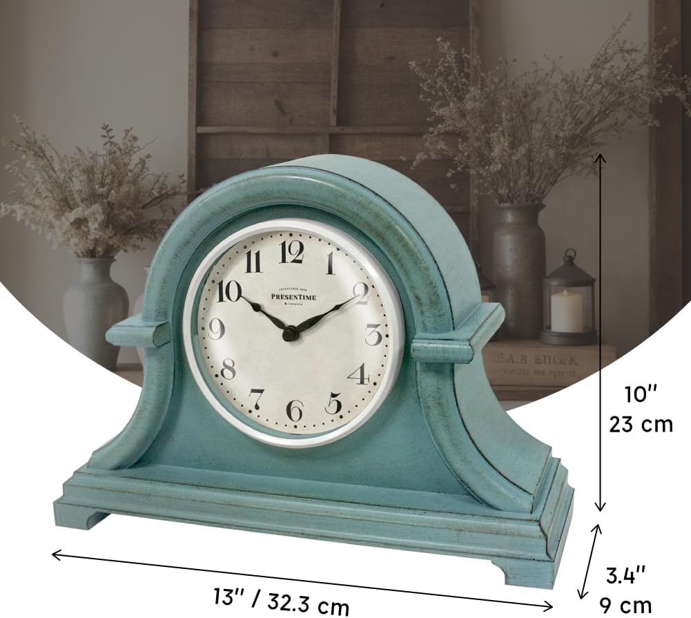 Napoleon Mantel, Desk & Shelf Clock, Vintage | 13 x 10 inch, Domed Lens, Quartz Movement, ABS Plastic Case, Aged Teal