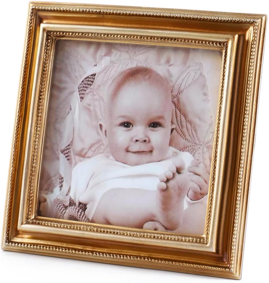 Picture Frame Small Wallet Size Beaded Vintage Picture Frame Tabletop / Bronze Gold / 3 x 3 / Square