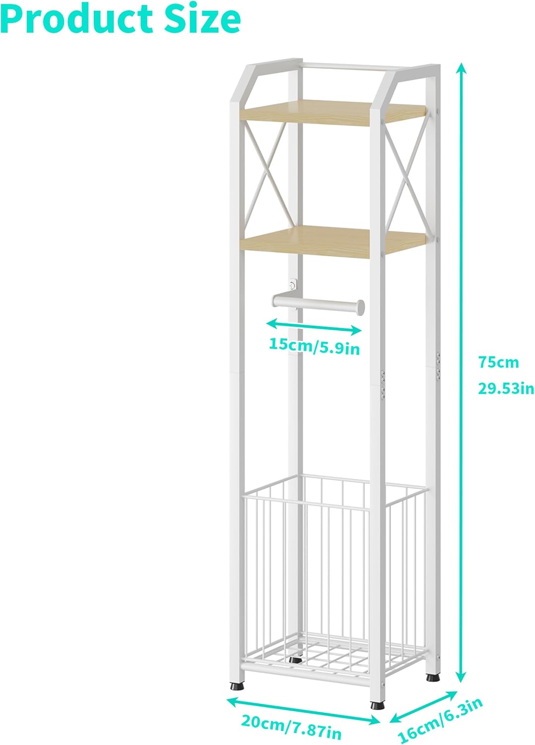 HapiRm Freestanding Toilet Paper Holder - 4-Tier Bathroom Tissue Organizer with Wood Shelves and Large Basket, Toilet