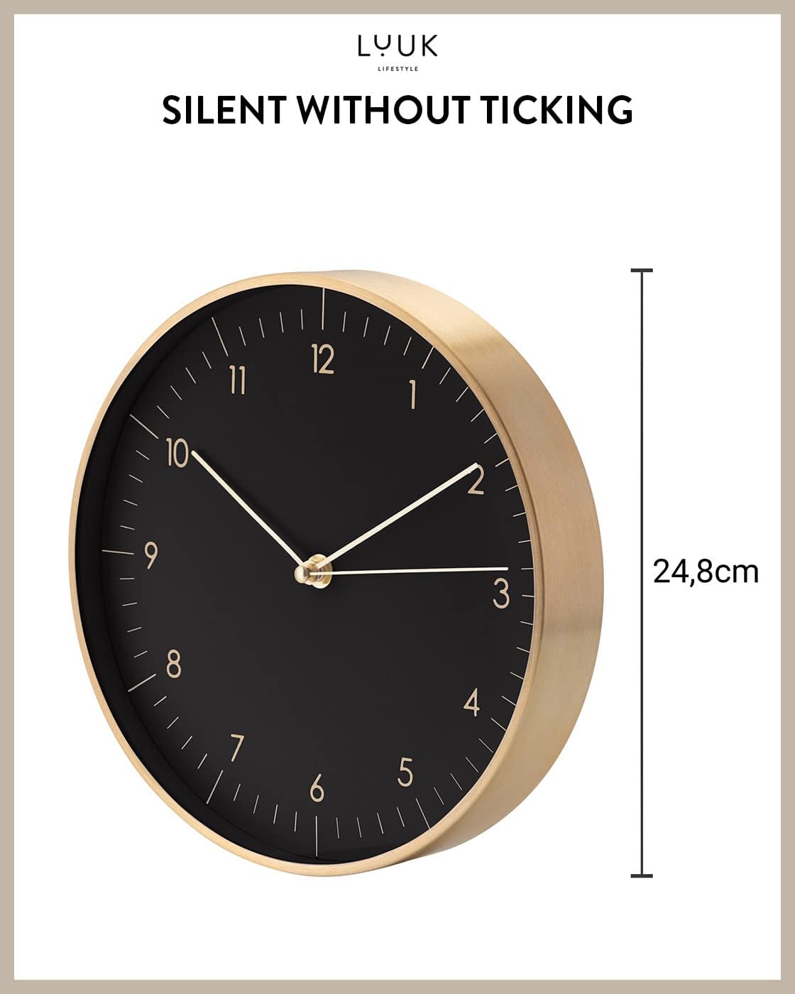 Modern Silent Quartz Wall Clock, 10in, Black & Gold | Chic & Minimalist, Non-ticking, Analog, Arabic numerals