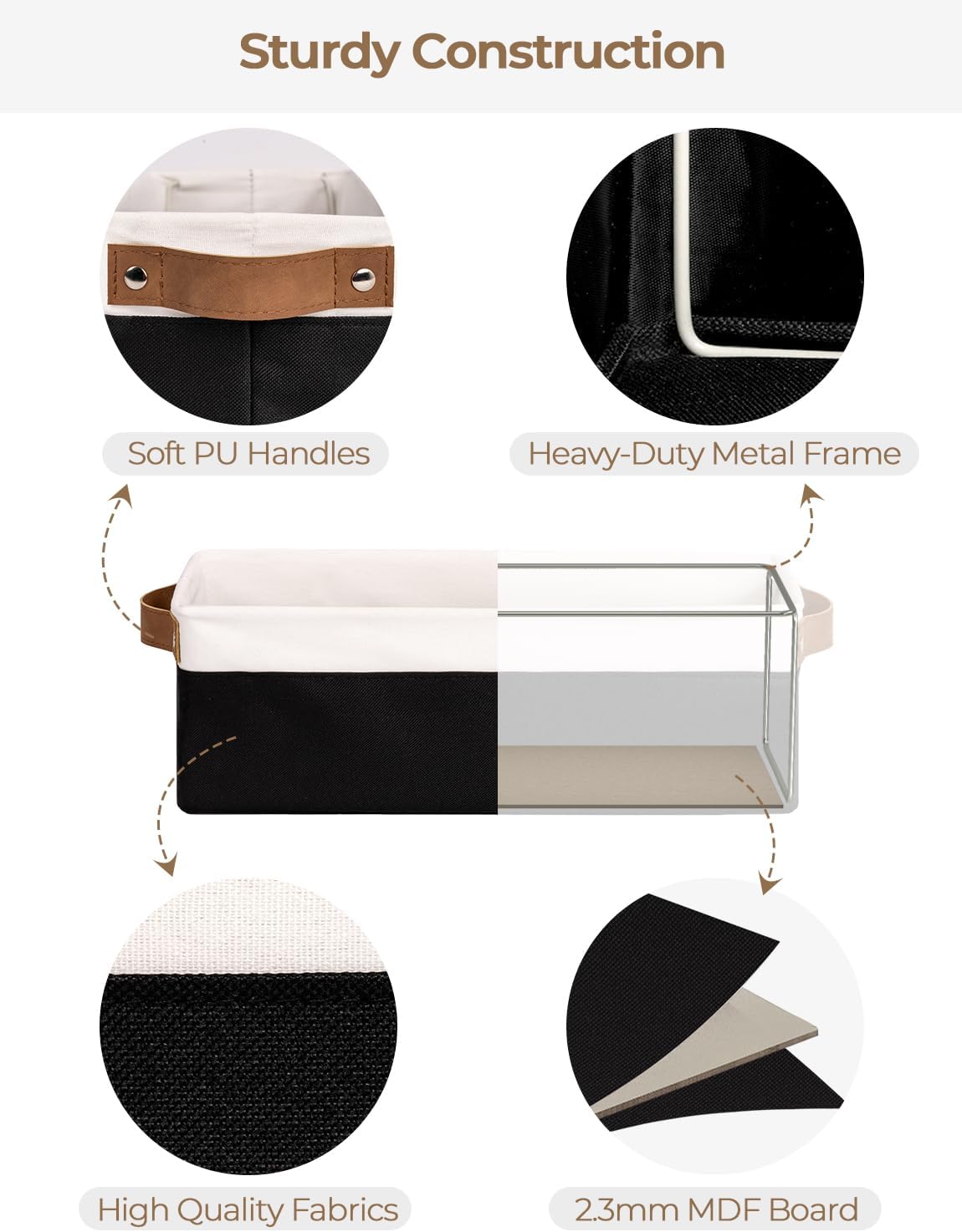 Fabric Organizer / Narrow Storage Bins / Black and White / 15"L x 6"W x 5"H