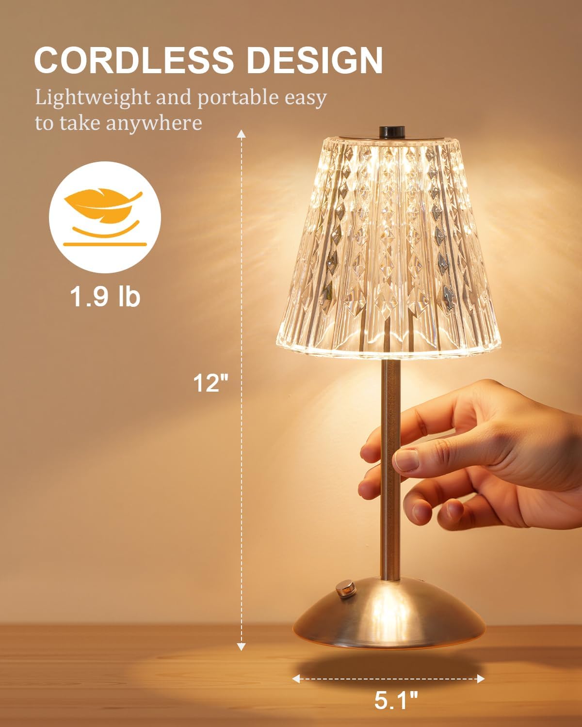 Nusogon Cordless Touch Table Lamp, LED Rechargeable Small Dask Lamp | 3 Colors Dimmable Silver Battery Operated Crystal