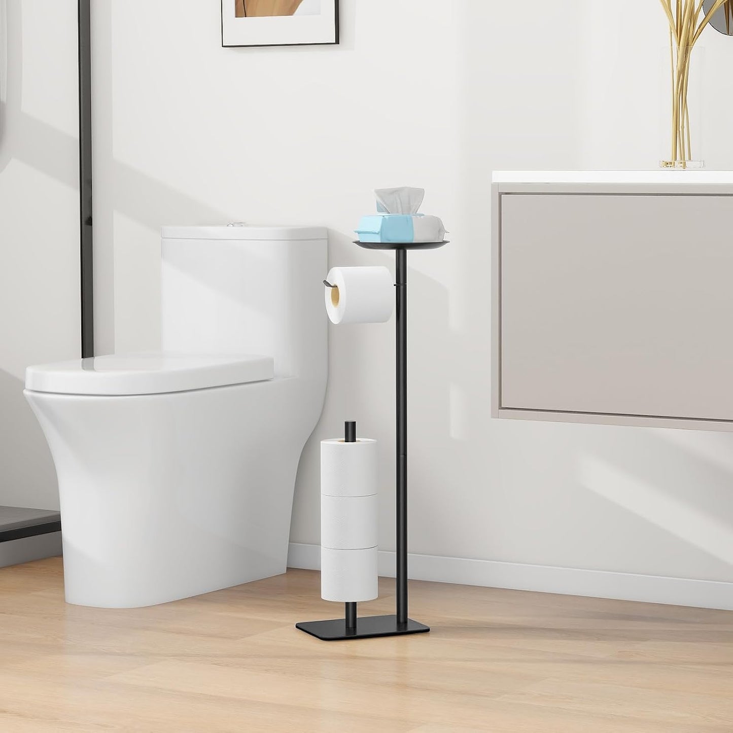 FEILERN Toilet Paper Holder Stand for Bathroom Floor Standing Toilet Roll Dispenser Storages 4 Reserve Rolls, with Top