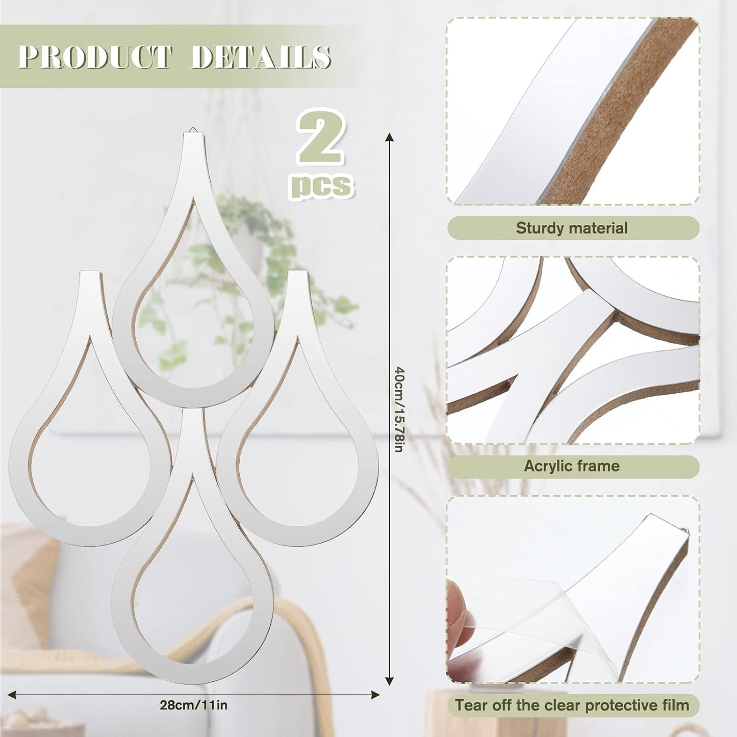 Teardrop Wall Mirror Hanging Wall Mounted Decorative Accent Mirror / Silver / Set of 2