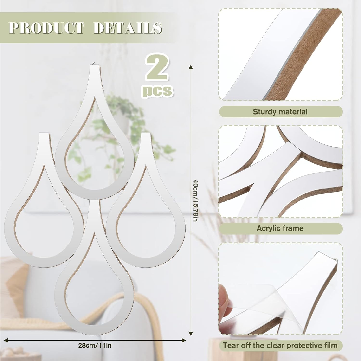 Teardrop Wall Mirror Hanging Wall Mounted Decorative Accent Mirror / Silver / Set of 2