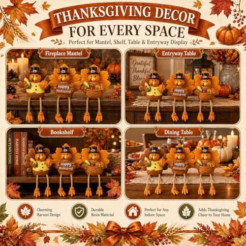 Thanksgiving Turkey Tabletop Centerpiece Decor Resin Turkey Figurines Set of 3 Fall Turkey Shelf Sitter Decor for Thanksgiving Table Decorations Tiered Tray Mantel Shelf Kitchen Entryway Decoration