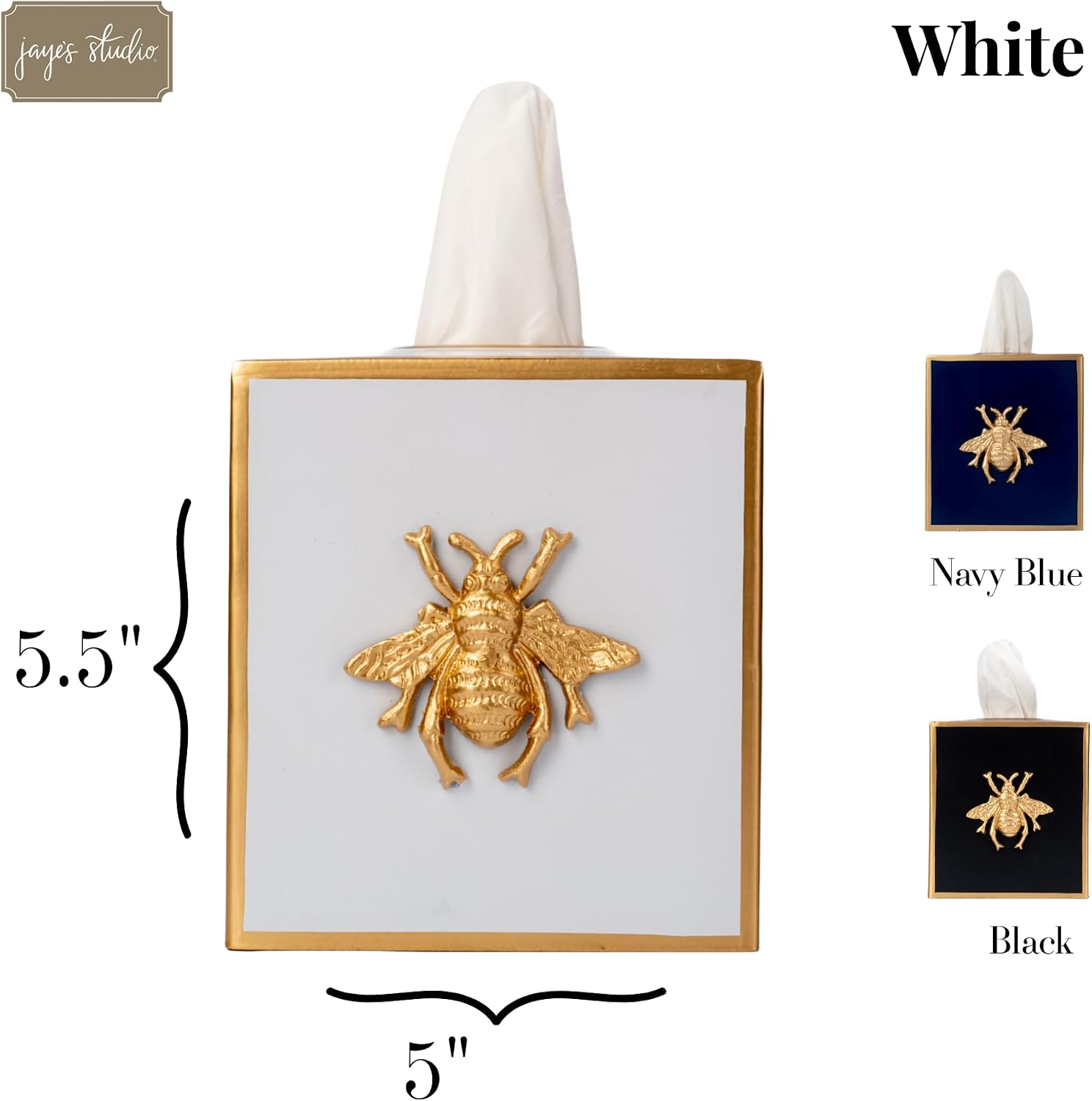 Metal Tissue Box Cover Square / White Bee / Regency