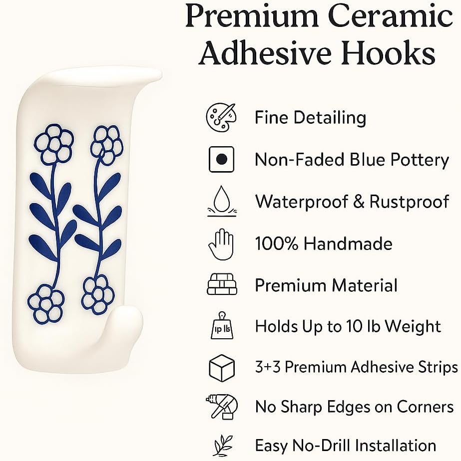 Boho Ceramic Adhesive Wall Hooks / White & Blue Style 4