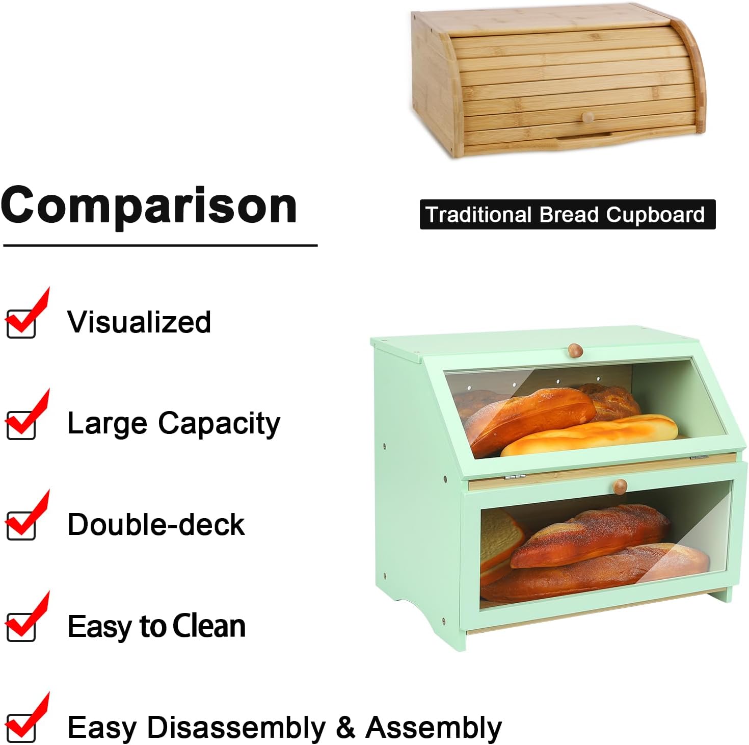 HOMEKOKO Double Layer Bread Boxes for Kitchen Countertop, Mint Green | Keeps Bread Fresh 3-4 Days, Large Capacity Fits