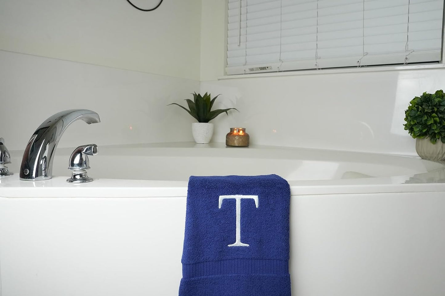 Navy with White Monogrammed Hand Towels for Bathroom - Set of 2 Letter T | Luxury Hotel Quality Initial Towels For
