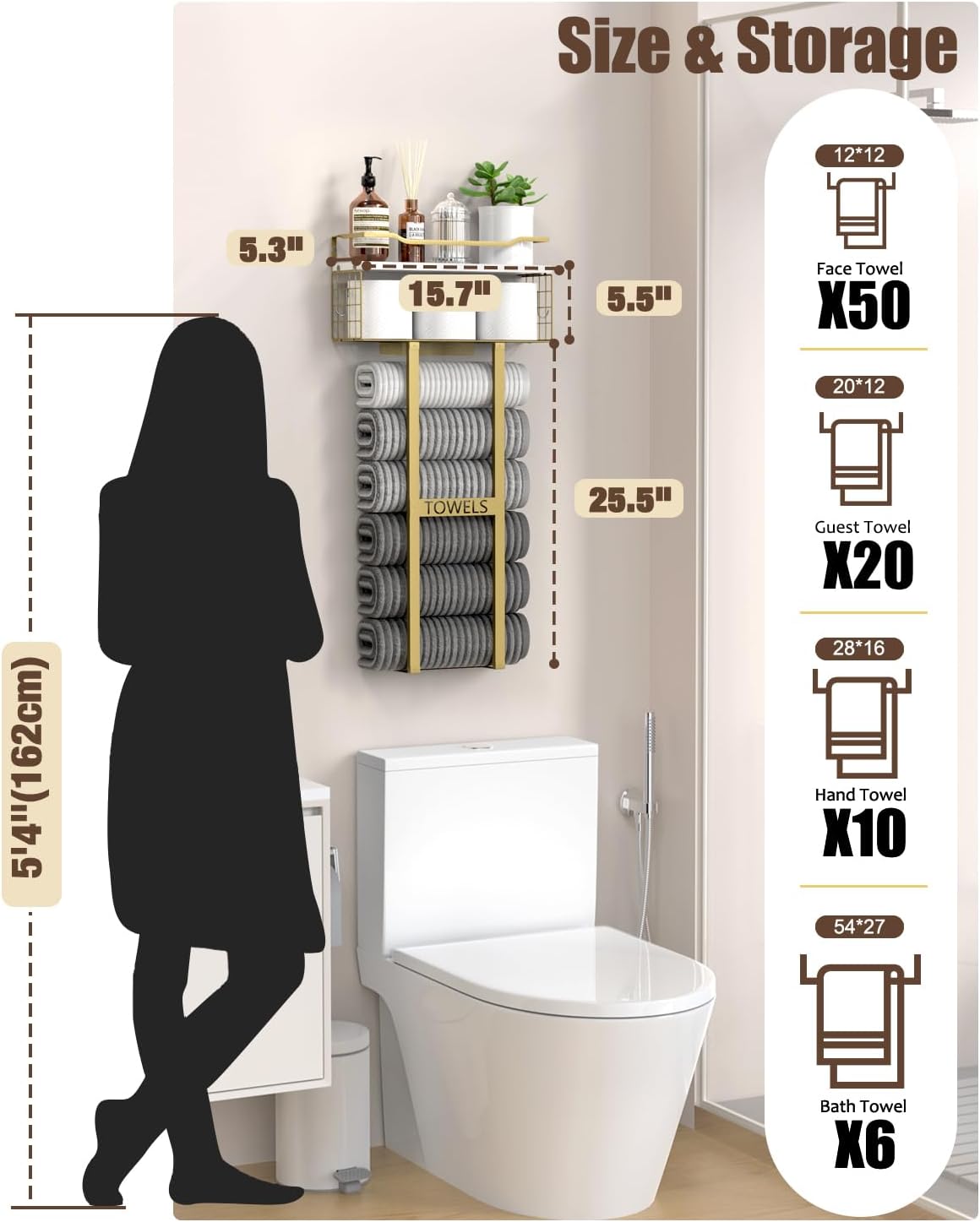 Aetyord Towel Racks for Bathroom - Wall Mounted Metal Rack with Wood Plank, Bathroom Storage Organizer, Towel Holder