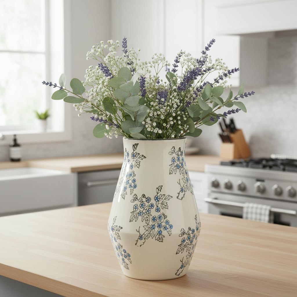 Tall Ceramic Vase for Flowers / Blue and White / 11 Inch